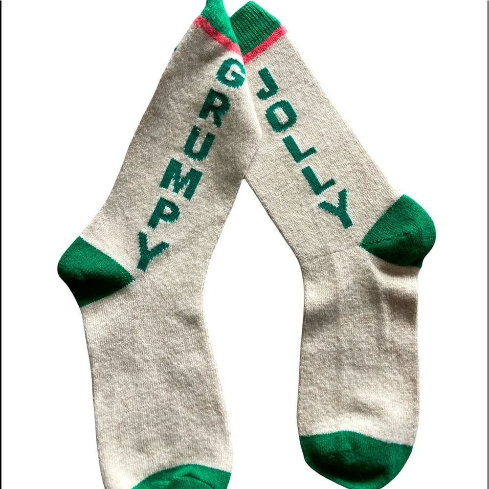 Christmas Socks 2 Pair Vintage Santa Clause Wool Crew Jolly Grumpy Knee Length